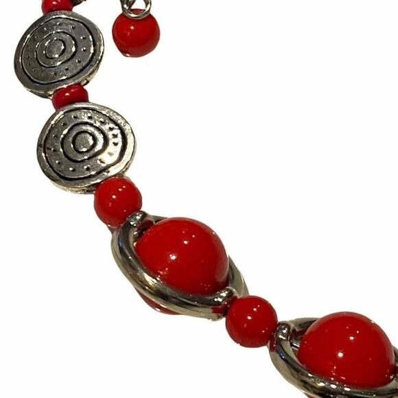 Zevar by Treska Red Silver Statement Pendant Beaded Choker Necklace Boho Art - Picture 7 of 7